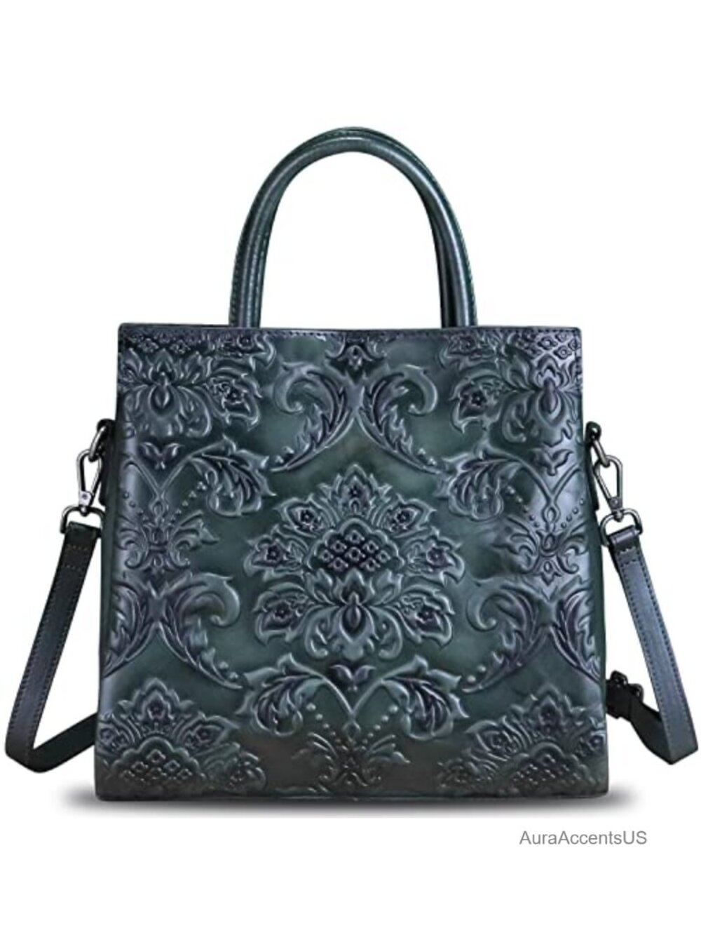 Genuine Leather Satchel Handbag Top Handle Embossed Vintage Crossbody Purse